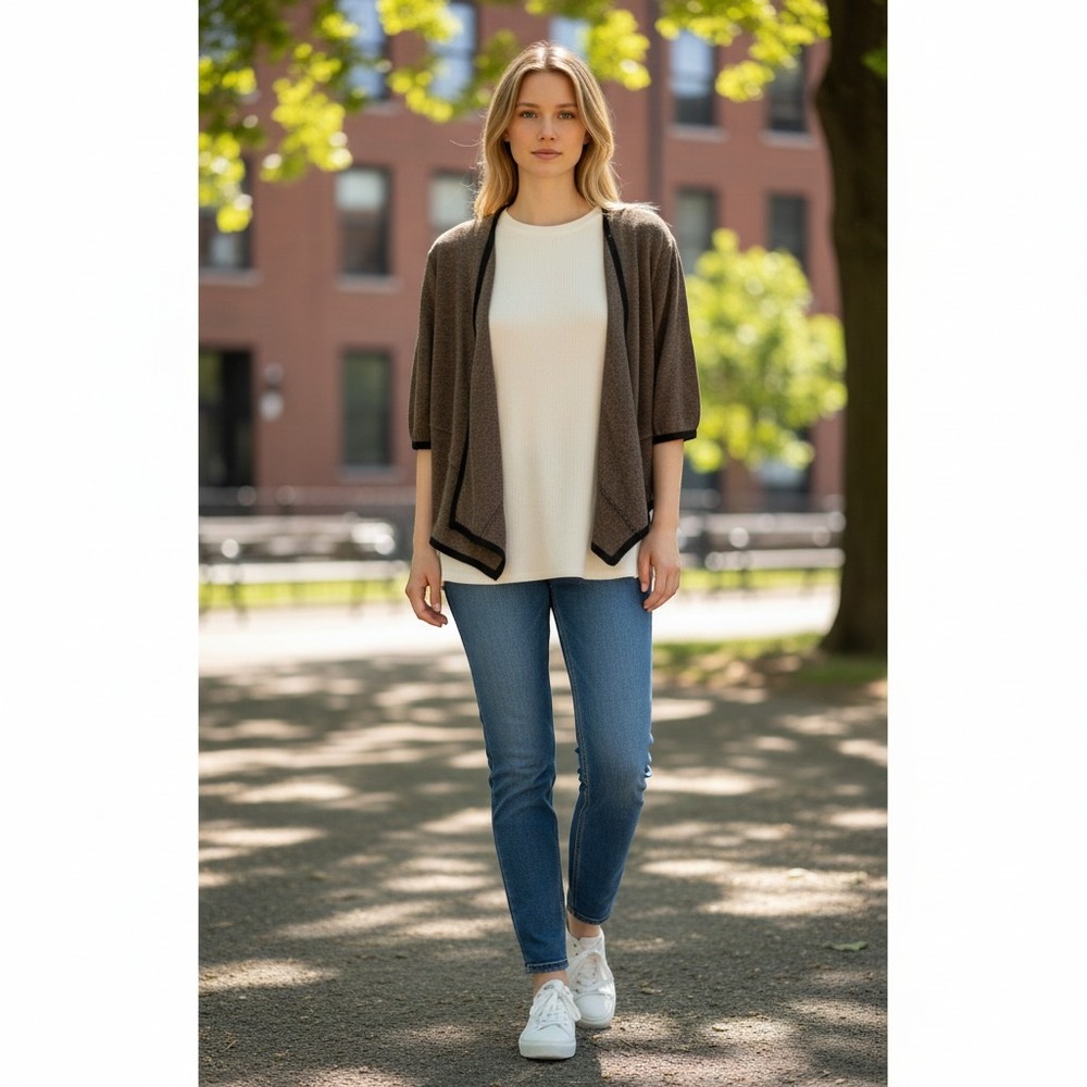Alfani Cardigan Women XL Brown Black Trim Open Front 3/4 Sleeve Marled Knit